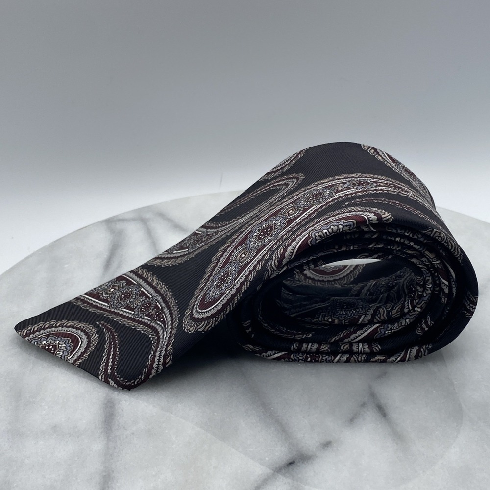 American Edition Mens Necktie Black Burgundy Paisley Geometric Made in USA Style